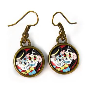 Imagem de Brincos de casamento Dia dos Mortos - Brincos feitos à mão com caveira de açúcar para noiva e noivo - 68, Small, Liga de aço, Sem pedra preciosa