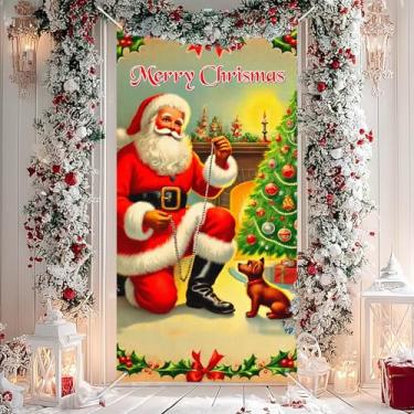 Imagem de BlissYard Capa de porta de Natal 188 x 89 cm, decoração de porta interna para casa, escritório, igreja, com Papai Noel e cachorro, portas festivas, mural, decoração temática de Natal