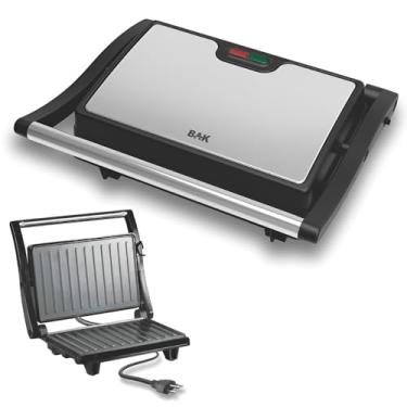Imagem de Grill e Sanduicheira Elétrica 2 em 1, Antiaderente, Preto/Inox, 750W, 19x27x16cm, com Luz Indicadora e Alça Fria