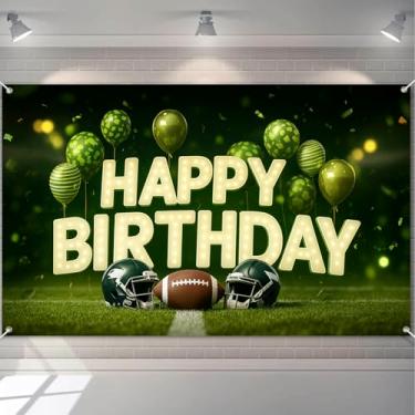 Imagem de HOMETITUTE Faixa de futebol feliz aniversário balões verdes capacetes campo futebol americano tema feriado evento decoração faixa de aniversário festa interior exterior fundo 71x43 polegadas