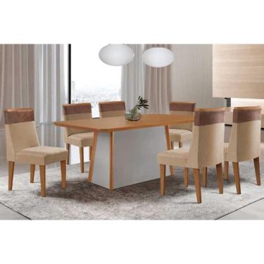 Imagem de Conjunto Sala de Jantar Tilia c/ Tampo Madeirado Canto Curvo 180x90cm e 6 Cadeiras Jaspe Madeira Maciça Naturale/Off White - Capuccino/Linho Bege-Rufa