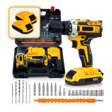 Imagem de Furadeira e Parafusadeira de Impacto Sem Fio 48V com LED 2 Baterias Recarregáveis Bi-volt e Acessórios Maleta Completa para Uso Profissional e Doméstico