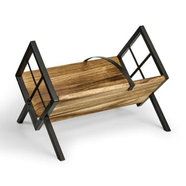 Imagem de Sanmatin Suporte de disco de vinil, suporte de madeira e aço resistente para discos de vinil de 80 a 100 LPs, álbuns, revistas, livros, arquivos. Exibição de discos estilo retrô (retrô queimado a fogo