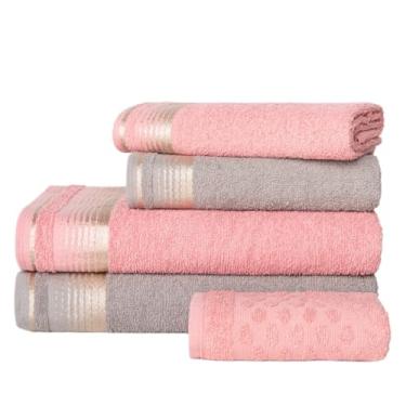Imagem de Jogo Toalhas 5 Peças 2 Banho, 2 Rosto, 1 Piso Algodão - Rosa Toalhas(ROSA + CINZA)