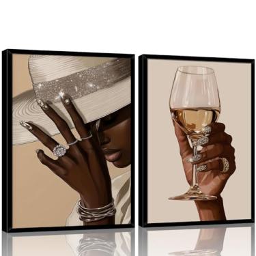 Imagem de 2 peças de arte de parede para mulheres negras emolduradas mulher afro-americana decoração de parede elegante preto menina pôster impresso quarto sala de estar escritório pronto para pendurar 30 x 40