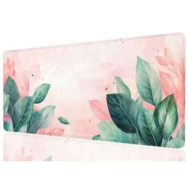 Imagem de Mouse pad folhas abstratas rosa verde folhagem estética plantas mousepad GG grande mouse pad gamer laptop teclado pad mesa escritório computador teclado laptop casa, 31,5 x 11,8 polegadas