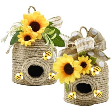 Imagem de Decoração de parede de colmeia de abelha feita à mão, 2 peças, decoração de girassol, amarelo, com pingente de corda suspensa de juta, tema rústico, 9,9 cm x 4,7 polegadas/10 cm x 12 cm, fácil de