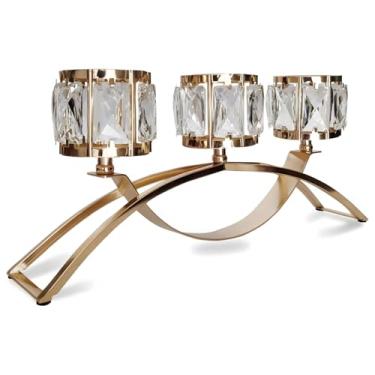 Imagem de Castiçal dourado com detalhes em cristal, design de 3 braços para casamentos, decoração de casa e eventos, 40,6 x 17,78 cm