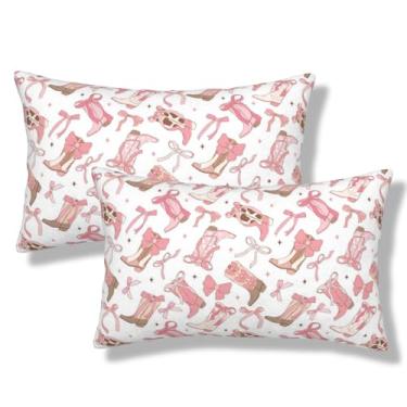 Imagem de NOCTILYRA Cowgirl Capas de almofada lombar 30 x 50 conjunto de 2 fronhas de pelúcia curtas com laço rosa botas ocidentais retangulares fronhas decorativas para sofá-cama sofá