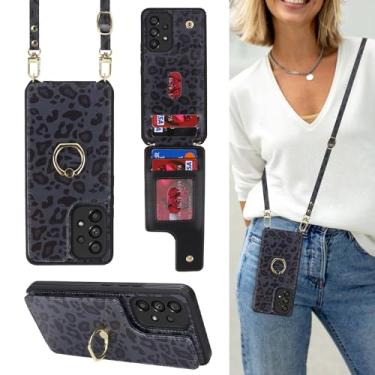Imagem de Lipvina Capa para Samsung Galaxy A53 5G com suporte para cartão e alça para mulheres, cordão transversal, suporte de anel, fecho de pressão, capas de carteira de telefone fofas 6,5 polegadas (leopardo