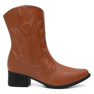 Imagem de Bota Feminino Cano Médio Texana Vicerinne Bordada Caramelo Country Vaqueira Boiadeira Western Rodeio Sertaneja Bico Fino Salto (40, BR, Adulto, Numérico, 40)