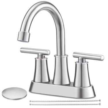 Imagem de Homikit Torneira de banheiro para 3 furos, torneira de pia de banheiro de aço inoxidável 18/10 de 10 cm, conjunto central de níquel escovado com 2 alças torneiras de lavatório RV com ralo pop-up e 2