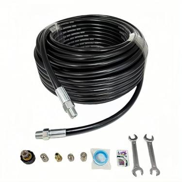 Imagem de YUYEW Kit de jateador de esgoto para lavadora de alta pressão 1,2 m, mangueira de limpeza de dreno 1/4 polegada NPT, orifício 4.0 botão nariz e bico giratório de esgoto jetting chave inglesa pino de