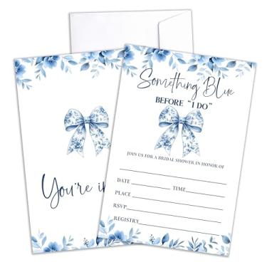 Imagem de DRWJPAT Convites para chá de panela, convites de chá de casamento florais azuis, suprimentos de festa de festa de noivado de laço azul para casal, 25 cartões de preenchimento com envelopes -A08