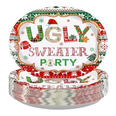 Imagem de Grencian 50 peças de pratos ovais de Natal, 25,4 x 30,5 cm, grandes, descartáveis, resistentes, suéter de papel, pratos de sobremesa, para Natal, inverno, ano novo, suprimentos para festas de fim de