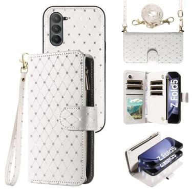 Imagem de Compatível com Samsung Galaxy Z Fold 5 5G 2023 capa carteira com zíper celular alça transversal com glitter flip porta-cartão slot capa de telefone para ZFold5 Z5 G Fold5 ZFold 5Z mulheres meninas