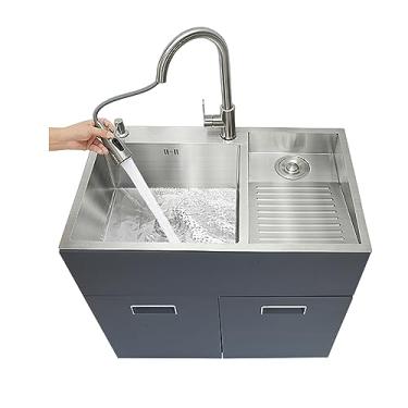 Imagem de TRGCJGH Pia utilitária com armário de penteadeira, pia de lavanderia independente com lavatório, pia dupla, lavatório de piscina para lavanderia (80 x 48 cm/31,4 x 18,8 pol, lavatório direito)