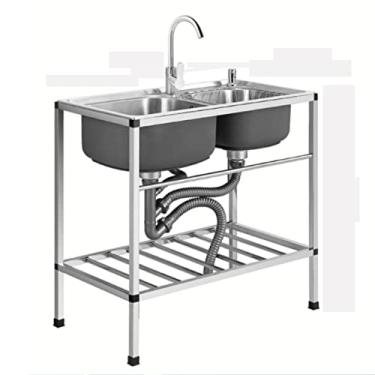 Imagem de TRGCJGH Pia de cozinha de tigela dupla, kit de pia de estação de trabalho de fazenda independente de aço inoxidável com torneira, dispensador de sabão pia de restaurante comercial (78 x 43 x 75 cm)