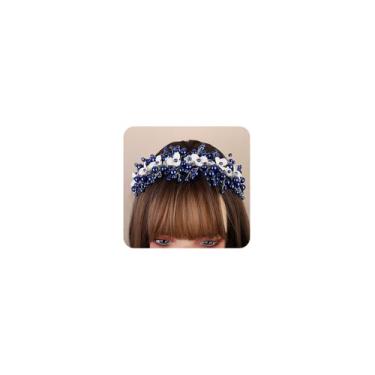 Imagem de Teyglen Tiara de pérola de casamento com coroa de cabelo de flor branca, flor de pérola azul, tiara de princesa, acessórios de cabelo florais para mulheres, festa de aniversário e noiva (azul)