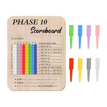 Imagem de Bnesi Wooden Phase 10 Card Game Score Board Funny Score Board 2025 New Wooden Phase 10 Scoreboard with 8 Colored Pegs Classic Wood Score Board Fun Scoreboard for Family Party (Creative)