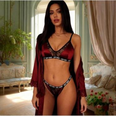 Imagem de Conjunto de lingerie feminina com fita adesiva de cetim vermelho profundo com fita elástica com logotipo para todos os dias, encontros noturnos, conforto de viagem, G