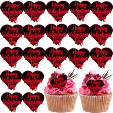 Imagem de 20Pcs Happy Valentine's Day Acrylic Cupcake Topper Red Heart Cake Disc Mirror Heart Cake Picks Engraved Cake Topper Cupcake Decorations Baking Dessert Party Supplies