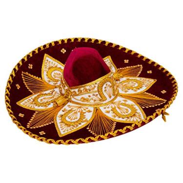 Imagem de Boné adulto adulto mexicano sombrero Mariachi autêntico, chapéu mexicano premium para festas à fantasia, 5 de maio, 16 de septiembre, Burgundy and Gold, One Size