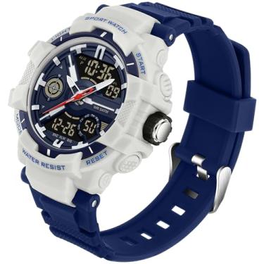 Imagem de Relógios masculinos coloridos esportivos ao ar livre à prova d'água relógio de rosto grande para homens com alarme de LED, data, mostrador duplo, cronômetro laranja, Azul, cinza, Casual