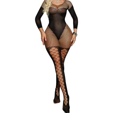 Imagem de FRENZCOY Body feminino arrastão sexy, macacão de renda de malha, body de malha de tamanho único para mulheres, Preto, Tamanho Único