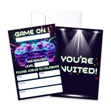 Imagem de CLIRBE Convites de festa de aniversário, jogo neon brilhante em convites de aniversário para irmão irmão adolescentes meninos meninas, 20 cartões de convites com 20 envelopes, lembrancinhas de artigos