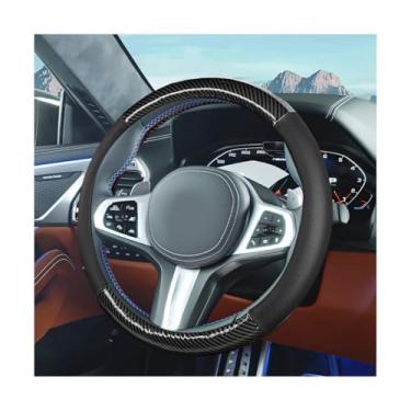 Imagem de FALVFUN Capa de volante de carro, fibra de carbono de 38 cm, protetor de volante de veículo com forro antiderrapante, acessórios internos automotivos confortáveis, ajuste universal (preto)