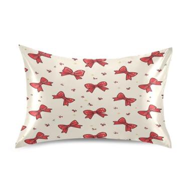 Imagem de Blueangle Fronha de cetim Red Bows para cabelo e pele, fronha de seda, tamanho padrão (51 x 66 cm) - Capas de almofada de cetim com fecho de envelope (671)