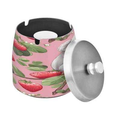 Imagem de Blueangle Cinzeiro pequeno de coala morangos com tampa para cigarros, à prova de vento/chuva, aço inoxidável, sem fumaça, inodoro, cinzeiro para uso interno ou externo (86)