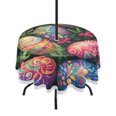 Imagem de Blueangle Toalha de mesa redonda impermeável com ovos coloridos de Páscoa de 152 cm com orifício para guarda-chuva - Tecido resistente à prova de sol para todos os climas para pátio, acampamento