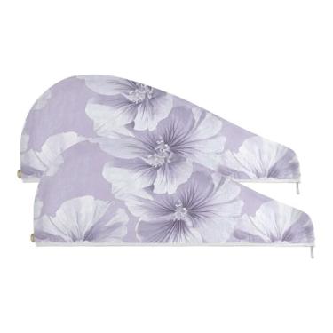 Imagem de SEHANY Toalha de cabelo de microfibra elegante flores roxas para mulheres 2 peças turbantes de cabelo de secagem rápida com botão, touca de cabelo seco absorvente toalha de secagem de cabelo para