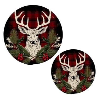 Imagem de Blueangle 2 peças de suporte de panela de veado Feliz Natal - conjunto de pegadores de panela de tecido redondo - almofadas quentes trançadas de algodão - porta-copos - tapetes de mesa para cozinhar e