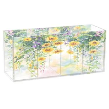 Imagem de SEHANY Porta-canetas de acrílico com flores silvestres coloridas, 4 compartimentos, porta-lápis transparente, organizador de pincéis de maquiagem, organizador de papelaria para escritório, casa