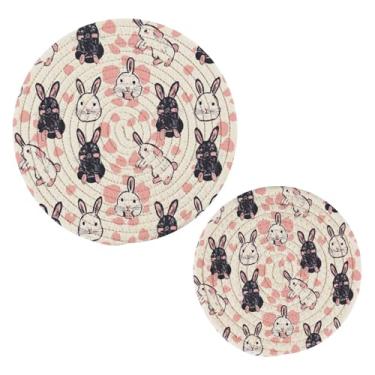 Imagem de Blueangle 2 peças de suporte de panela com padrão de coelho rosa - conjunto de pegadores de panela de tecido redondo - almofadas quentes trançadas de algodão - porta-copos - tapetes de mesa para