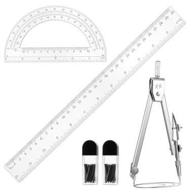 Imagem de Conjunto de régua transparente de 3 peças transferidor e bússolas de 30,5 cm, ferramentas de medição transparentes de matemática geométrica, réguas de medição de desenho transparente para escritório