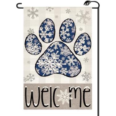 Imagem de Bandeira de jardim com estampa de pata de floco de neve de inverno 30 x 45 cm vertical dupla face sazonal xadrez búfalo de boas-vindas pequenas bandeiras fazenda decoração externa para quintal (apenas