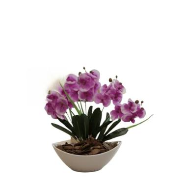 Imagem de Arranjo de Orquídea Artificial Phalaenopsis com Vaso Branco e Casca Polida - Planta Decorativa para Mesa, Escritório e Lavabo(Roxo)