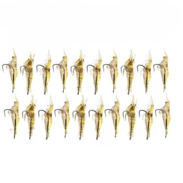 Imagem de Iscas Artificial camarão De Silicone Com Anzol Pesca Tucunaré Traíra Curvina(KIT 10 AMARELOS E 10 LUMINOSOS)