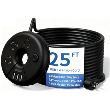 Imagem de Cabo de extensão extra longo de 25 pés, NTONPOWER tira de alimentação de plugue plano com 3 saídas e 3 portas USB, estação de carregamento compacta para desktop com interruptor para casa, escritório, TV, criado-mudo, itens essenciais para dormitórios, preto..