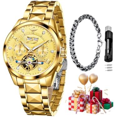Imagem de OUPINKE Relógio masculino automático esqueleto diamante original mecânico automático relógio de pulso luxuoso para homens, G3270G: pulseira dourada e mostrador dourado, Presente de luxo, negócios