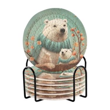 Imagem de Wassud Porta-copos com suporte, urso polar fofo, absorvente de tecido, conjunto de porta-copos para decoração de casa, proteção de mesa, 6 peças