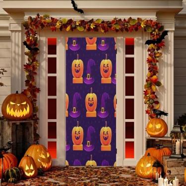 Imagem de Wassud Abóbora com chapéu de bruxa decoração de porta faixa interna externa decoração de casa de varanda grande decoração de porta da frente 96 x 98 polegadas
