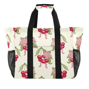 Imagem de Wassud Tulipas cerejas maduras com laços, sacolas de mercearia reutilizáveis, bolsa grande, impermeável, organizador de lona para praia, piquenique, lavanderia, viagem