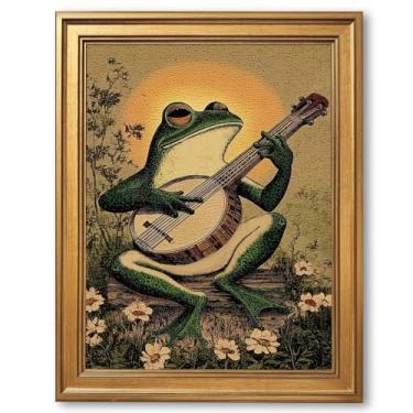 Imagem de PMKXFGK Arte de parede em tela sapo tocando banjo 30,5 x 40,6 cm moldura dourada