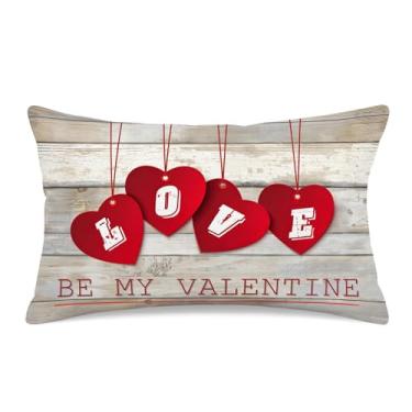 Imagem de HYJ Be My Valentine Capa de almofada lombar 30,5 x 50,8 cm, estampa dupla face, vermelho, coração, rústico, casa de fazenda, fundo de tábua, de madeira, almofada decorativa de linho branco para sofá