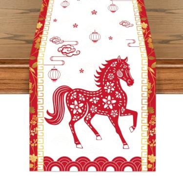 Imagem de Caminho de mesa de ano novo chinês, ano de 2026, estilo de corte de papel de cavalo, corredor de mesa branco com borda de ouro vermelho, festival lunar da primavera da China, decorações de jantar de